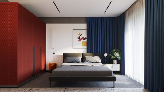 camera da letto con armadio rosso, tende blu e struttura letto verde oliva